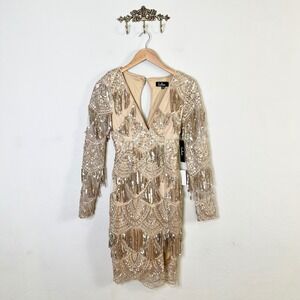 Lulus Mini Dress Sparkly Celebration New Size XS Gold Sequin Fringe V Neck